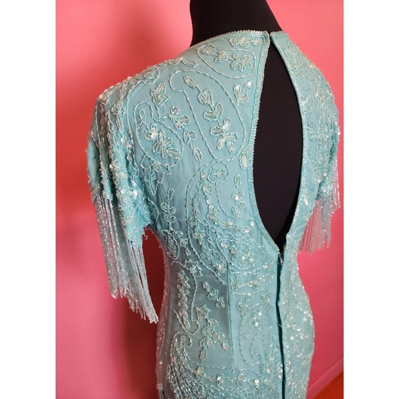 Vintage 1980's does 20's Silk Beaded Turquoise Asymmetrical Fringe Dress - Picture 9 of 10